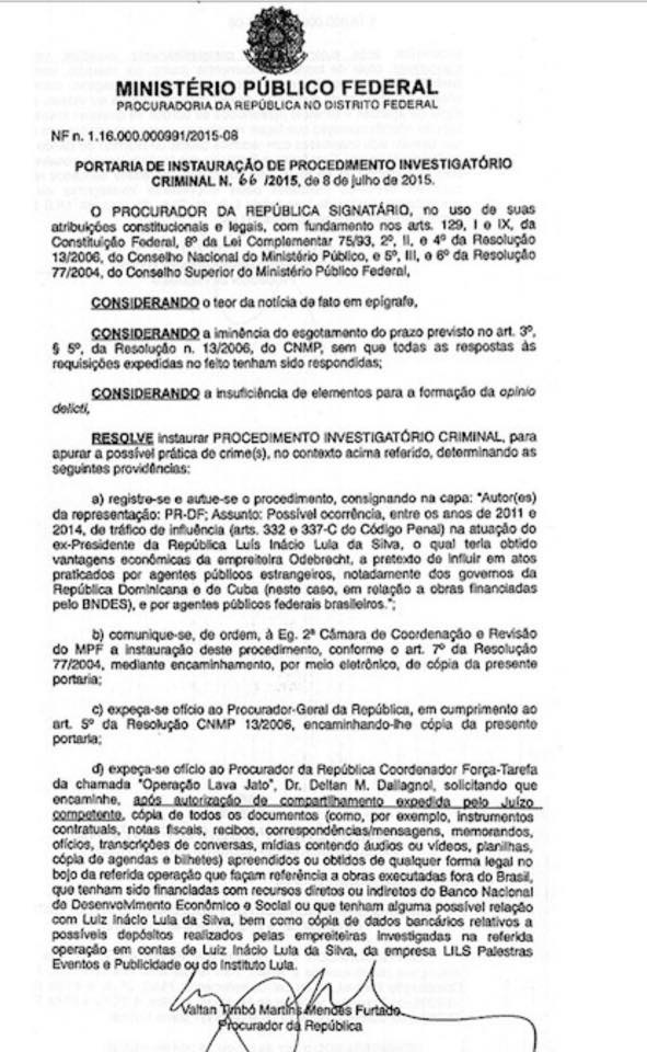 MP abre inquerito para investigar Lula